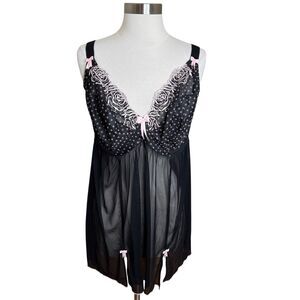 Elomi Babydoll Lingerie Womens 36H Black Pink Sheer Polka Dot Underwire Slip